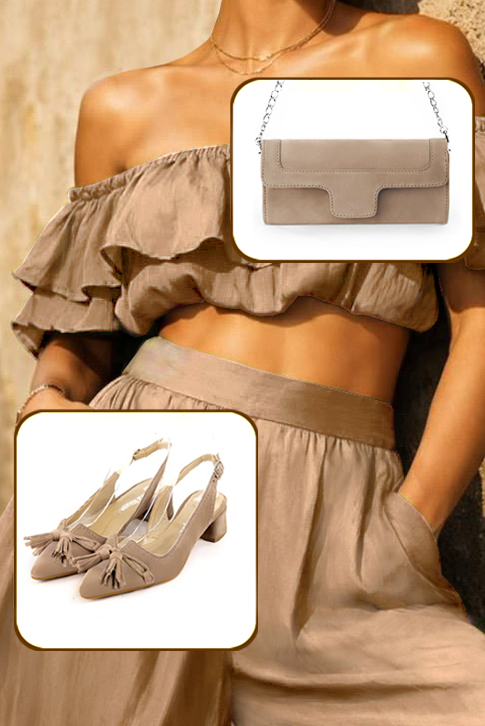 Women's tan beige elegant slingback heels, with a bow on the front. Tapered toe. Low flare heels - Top view